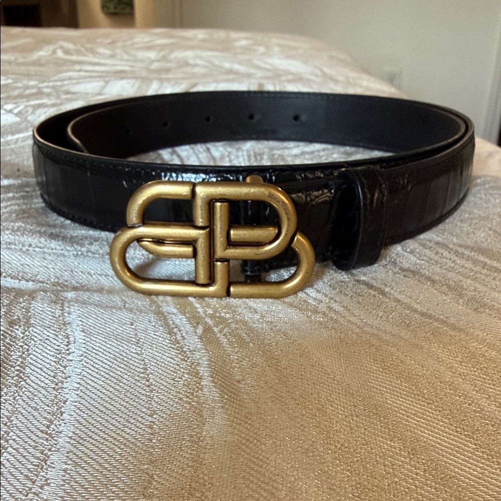 Balenciaga Black Leather Belt with Gold Buckle